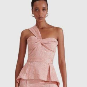 Veronica Beard One-Shoulder Peplum Top – Pink Moiré Jacquard – Size 14